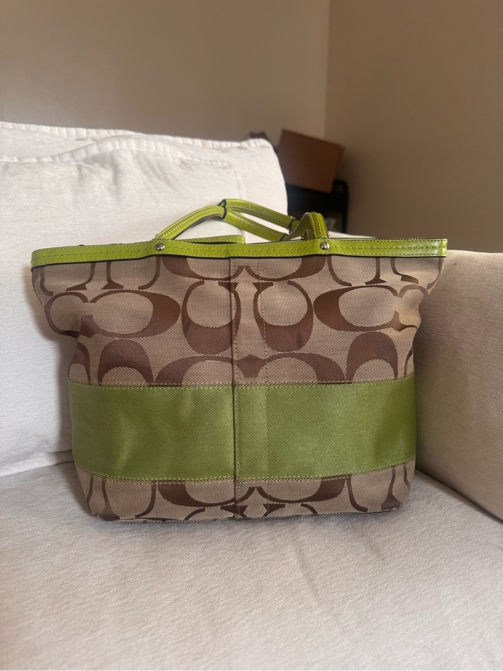 Coach Brown Signature Canvas Tote with Lime Green Trim